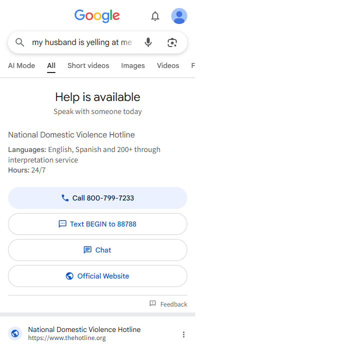 Mobile result for "my husband is yelling at me" showing the same hotline card
